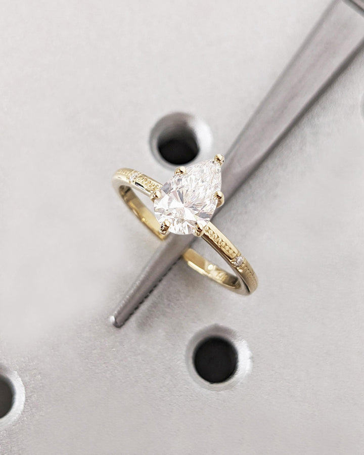 1.0CT Pear Cut Lab Grown Diamond Engagement Ring, Beaded Band Dainty Solitaire Engagement Ring