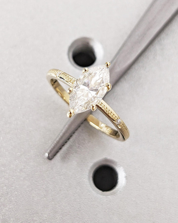 1.0CT Marquise Lab Grown Diamond Engagement Ring Beaded Band Dainty Wedding Ring
