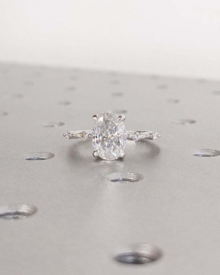 14K White Gold with 2.0CT Oval Cut Cluster Lab Grown Diamond Engagement Ring