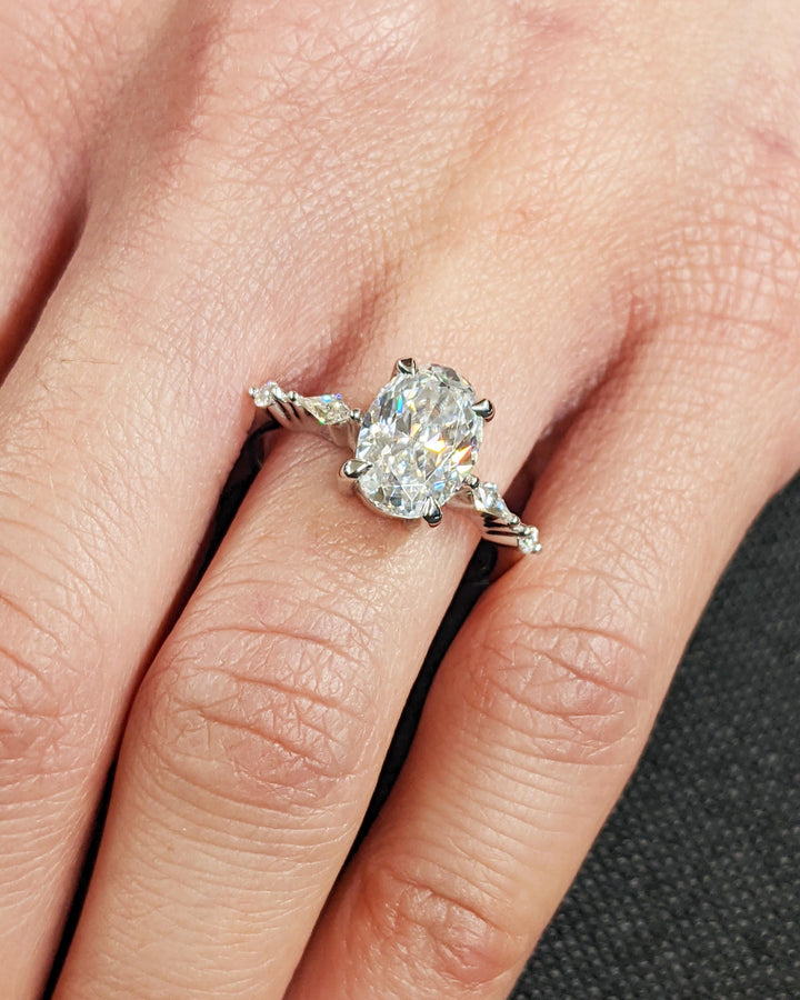 14K White Gold with 2.0CT Oval Cut Cluster Lab Grown Diamond Engagement Ring