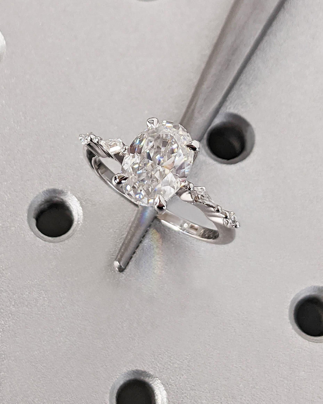 14K White Gold with 2.0CT Oval Cut Cluster Lab Grown Diamond Engagement Ring