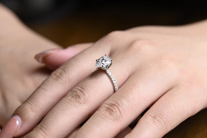1.0CT Pear Cut Pave Lab Grown Diamond Hidden Halo Engagement Ring, Anniversary Gift