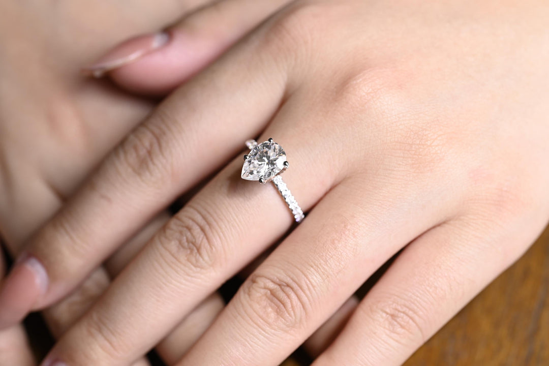 1.0CT Pear Cut Pave Lab Grown Diamond Hidden Halo Engagement Ring, Anniversary Gift