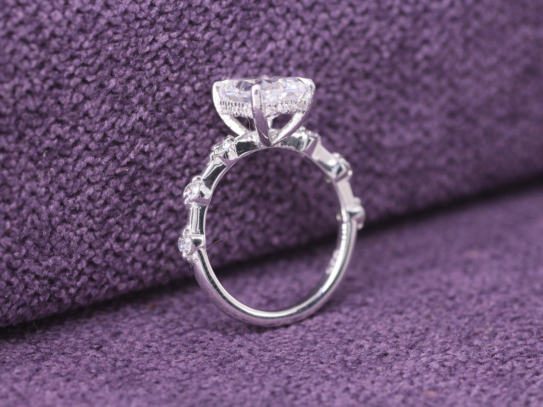 2.0CT Elongated Cushion Cut Petite Pave Lab Grown Diamond Hidden Halo Engagement Ring For Her