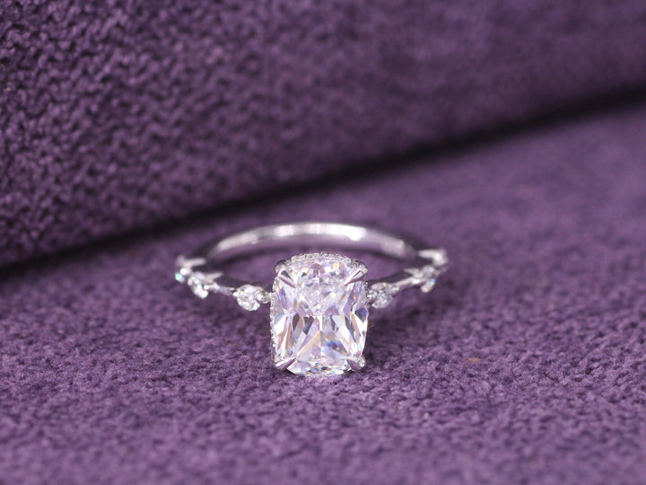 2.0CT Elongated Cushion Cut Petite Pave Lab Grown Diamond Hidden Halo Engagement Ring For Her