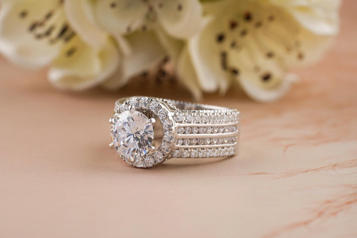 1.0CT Round Cut Halo Lab Grown Diamond 3 Row Engagement Ring For Her