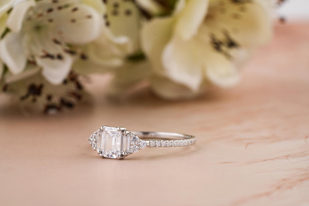 0.50CT Emerald Cut 3 Stone Lab Grown Diamond Engagement Ring For Women