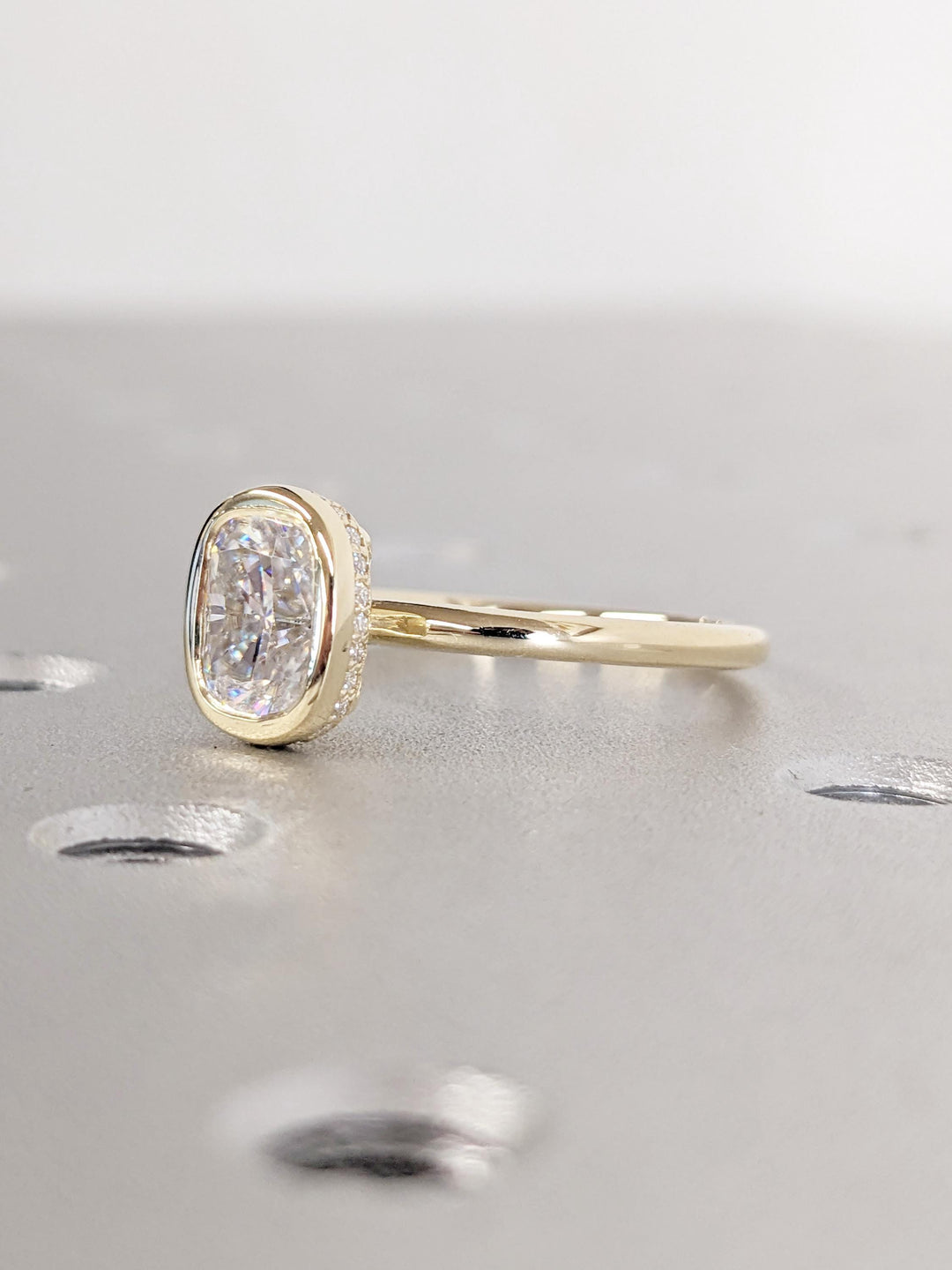 1.0CT Elongated Cushion Cut Hidden Halo Lab Grown Bezel Set Diamond Engagement Ring
