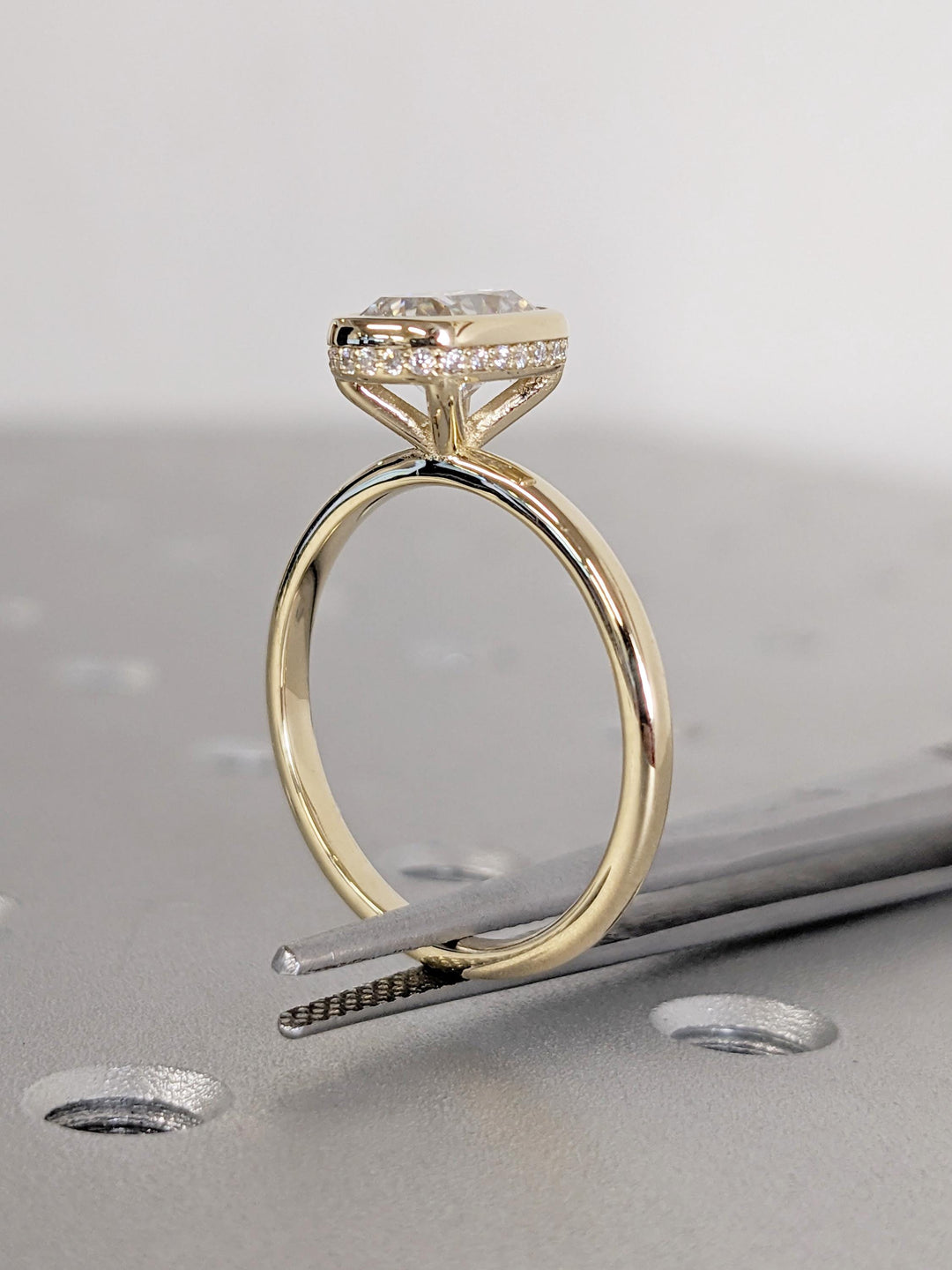 1.0CT Elongated Cushion Cut Hidden Halo Lab Grown Bezel Set Diamond Engagement Ring