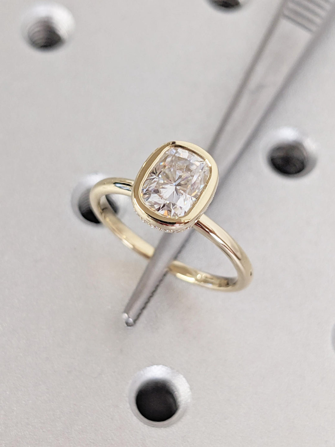 1.0CT Elongated Cushion Cut Hidden Halo Lab Grown Bezel Set Diamond Engagement Ring