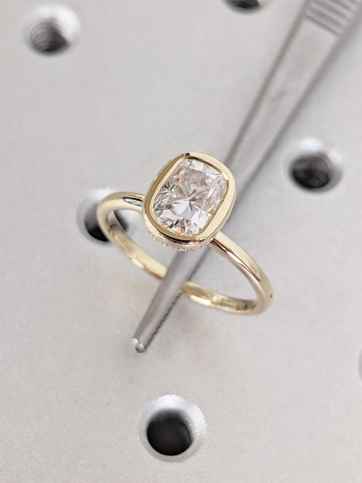 1.0CT Elongated Cushion Cut Hidden Halo Lab Grown Bezel Set Diamond Engagement Ring