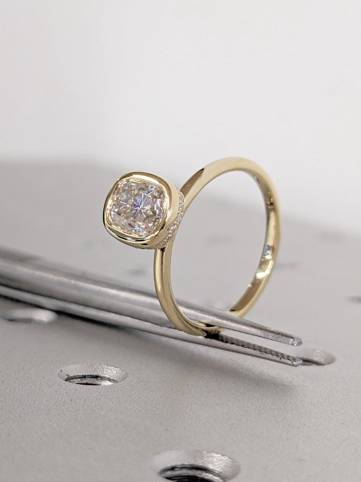1.0CT Elongated Cushion Cut Hidden Halo Lab Grown Bezel Set Diamond Engagement Ring