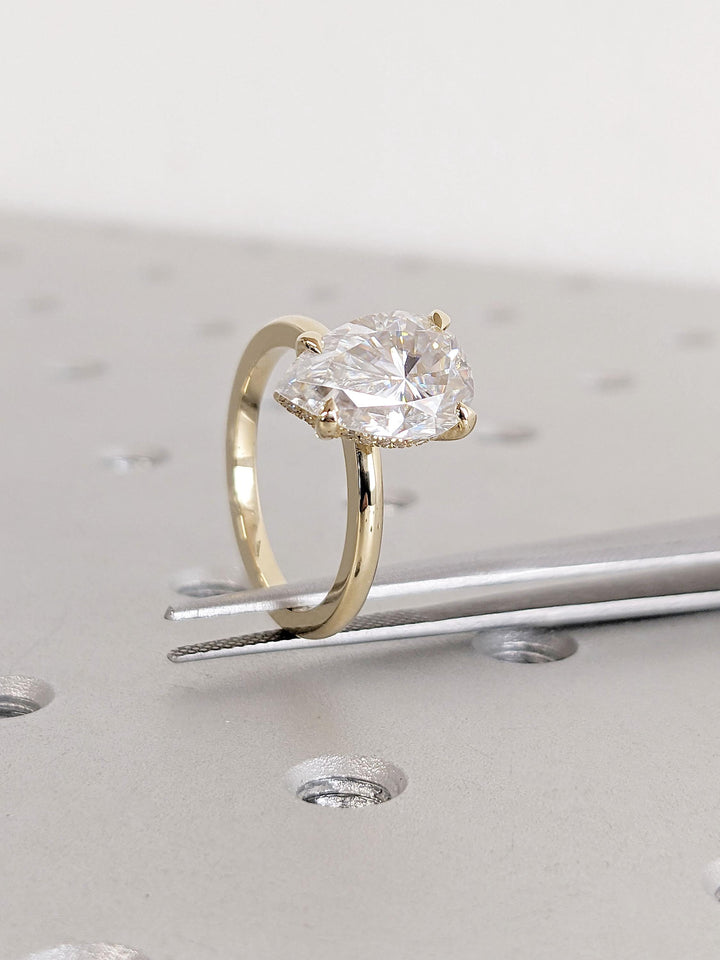 3.0CT Pear Hidden Halo Lab Grown Diamond Engagement Ring Unique Timeless Engagement Rings