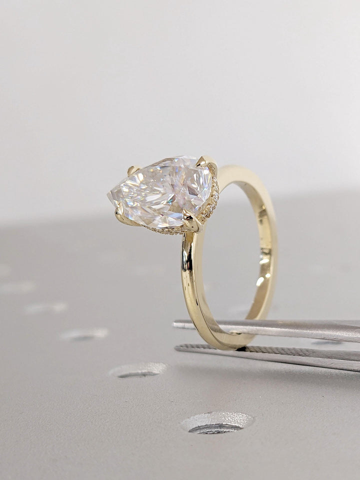 3.0CT Pear Hidden Halo Lab Grown Diamond Engagement Ring Unique Timeless Engagement Rings
