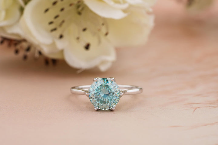 2.0CT Cyan Blue Portuguese Cut Solitaire Lab Grown Diamond Engagement Ring For Women