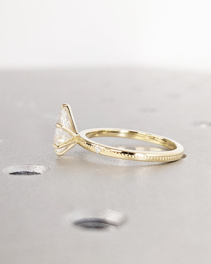 1.0CT Pear Cut Lab Grown Diamond Engagement Ring, Beaded Band Dainty Solitaire Engagement Ring