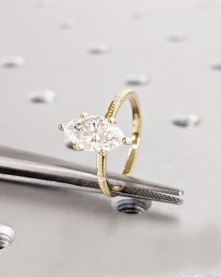 1.0CT Marquise Lab Grown Diamond Engagement Ring Beaded Band Dainty Wedding Ring