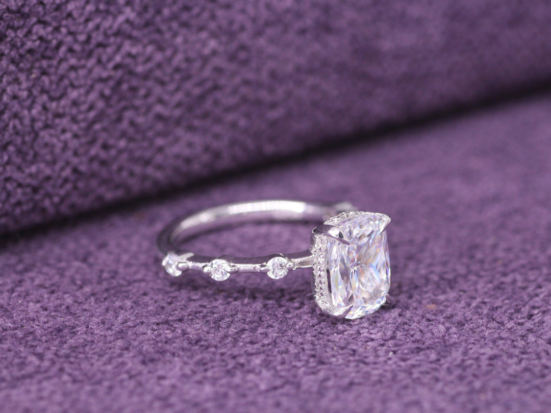 2.0CT Elongated Cushion Cut Petite Pave Lab Grown Diamond Hidden Halo Engagement Ring For Her