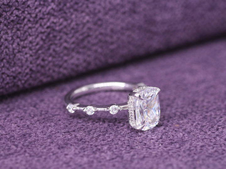 2.0CT Elongated Cushion Cut Petite Pave Lab Grown Diamond Hidden Halo Engagement Ring For Her