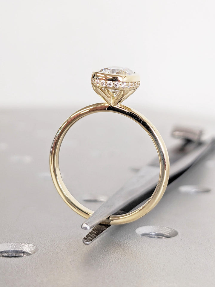 1.0CT Elongated Cushion Cut Hidden Halo Lab Grown Bezel Set Diamond Engagement Ring