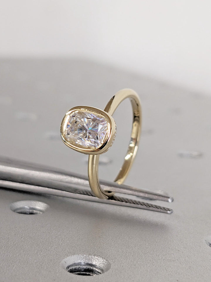 1.0CT Elongated Cushion Cut Hidden Halo Lab Grown Bezel Set Diamond Engagement Ring