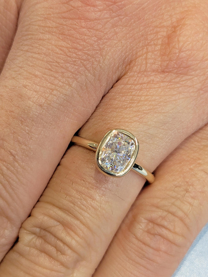 1.0CT Elongated Cushion Cut Hidden Halo Lab Grown Bezel Set Diamond Engagement Ring