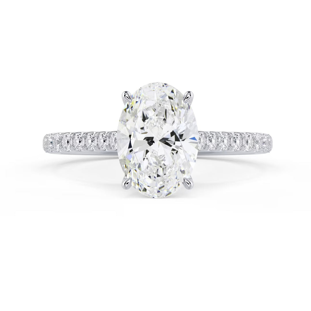 oval lab diamond cathedral engagement ring pavé