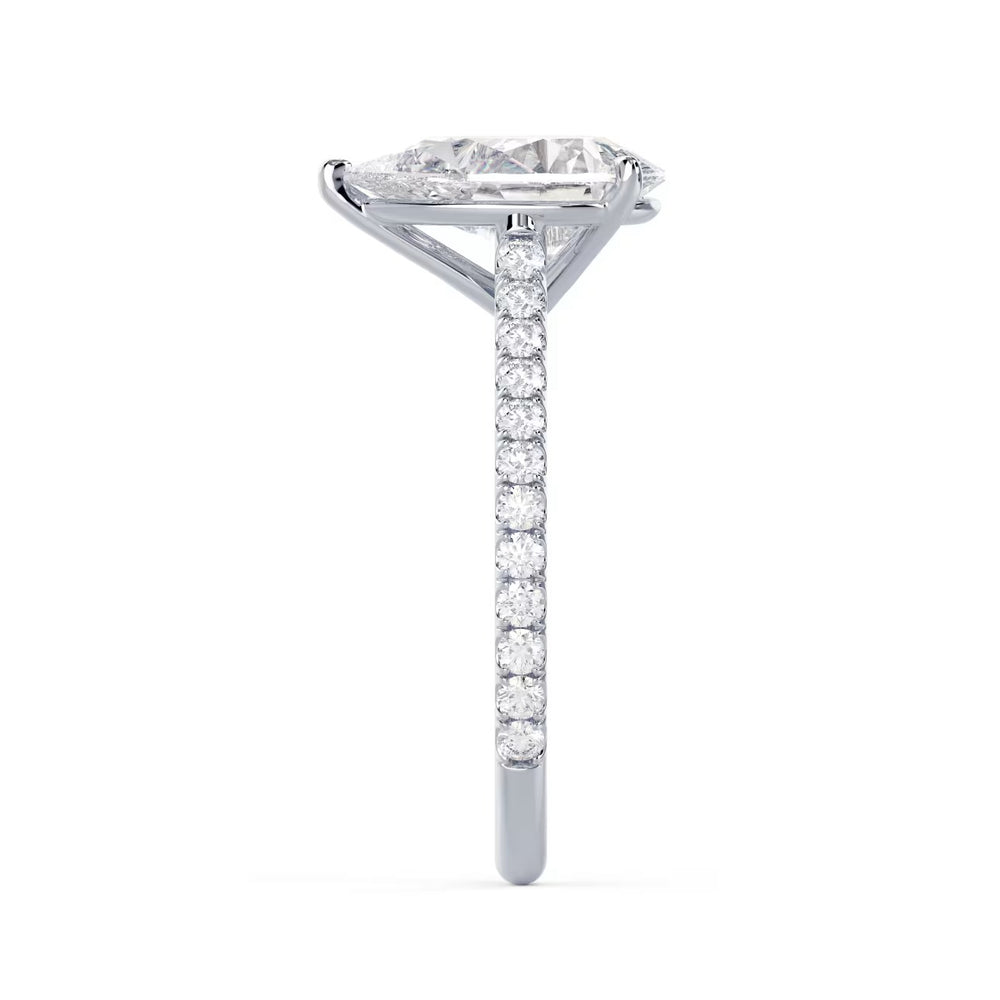 pear cut lab grown diamond cathedral pave engagement ring 1.5 carat E VS2