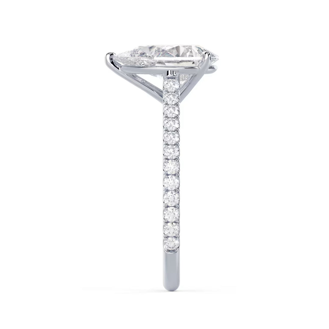pear cut lab grown diamond cathedral pave engagement ring 1.5 carat E VS2