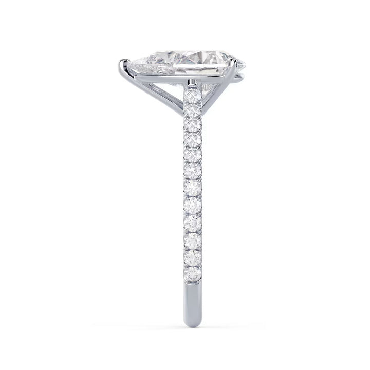 pear cut lab grown diamond cathedral pave engagement ring 1.5 carat E VS2