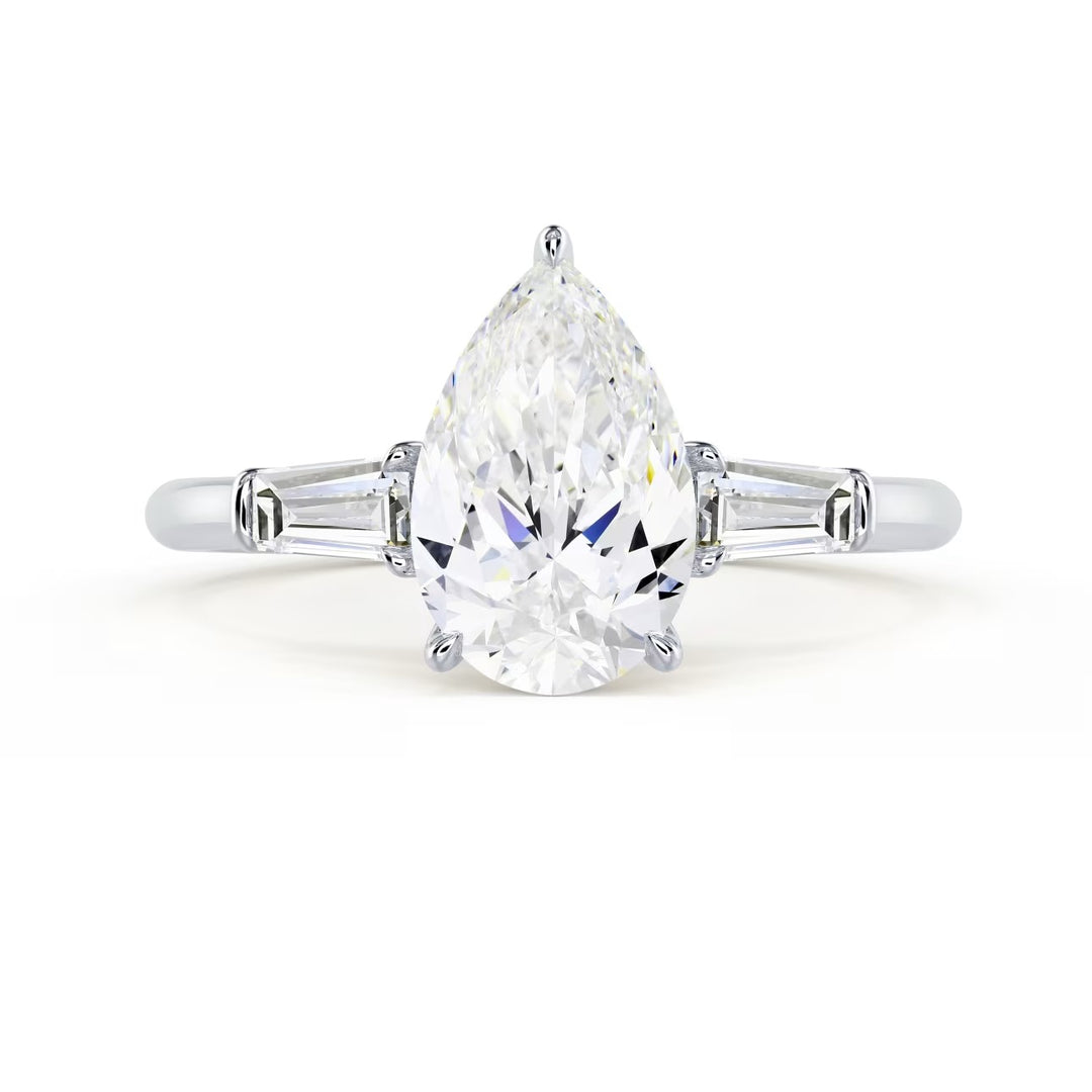 pear lab grown diamond three stone solitaire engagement ring