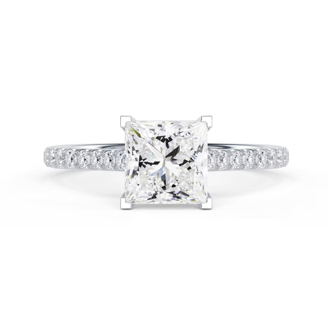 princess cut lab grown diamond cathedral pave engagement ring 1.5 carat E VS1