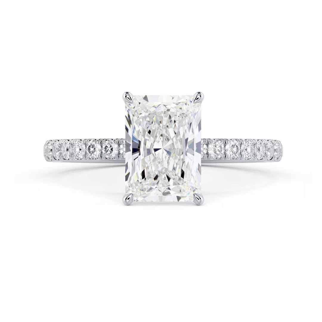 radiant cut CVD lab grown diamond pave engagement ring 1.5 carat E VS2