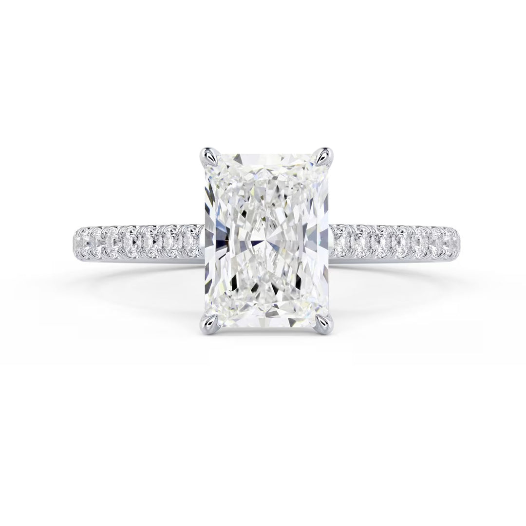 radiant cut lab grown diamond cathedral pave engagement ring 1.5 carat E VS2