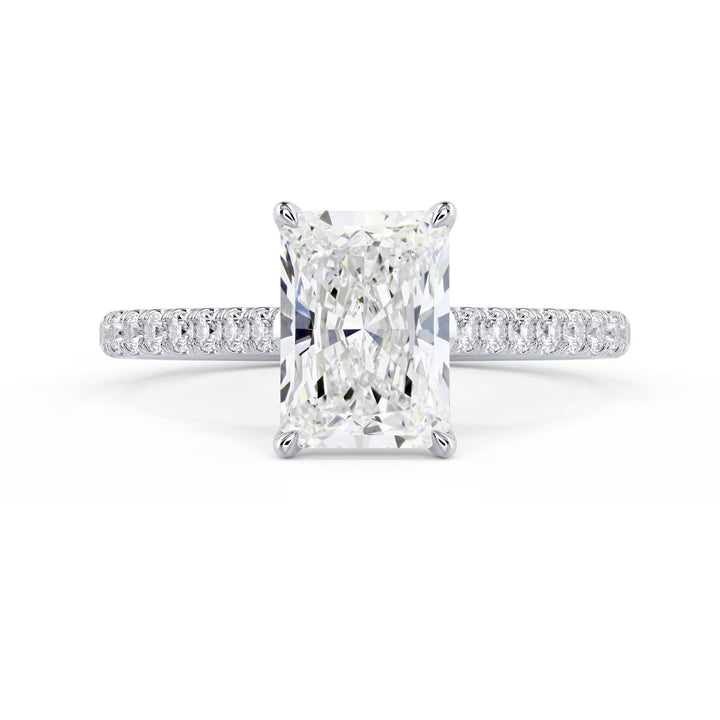 radiant cut lab grown diamond cathedral pave engagement ring 1.5 carat E VS2