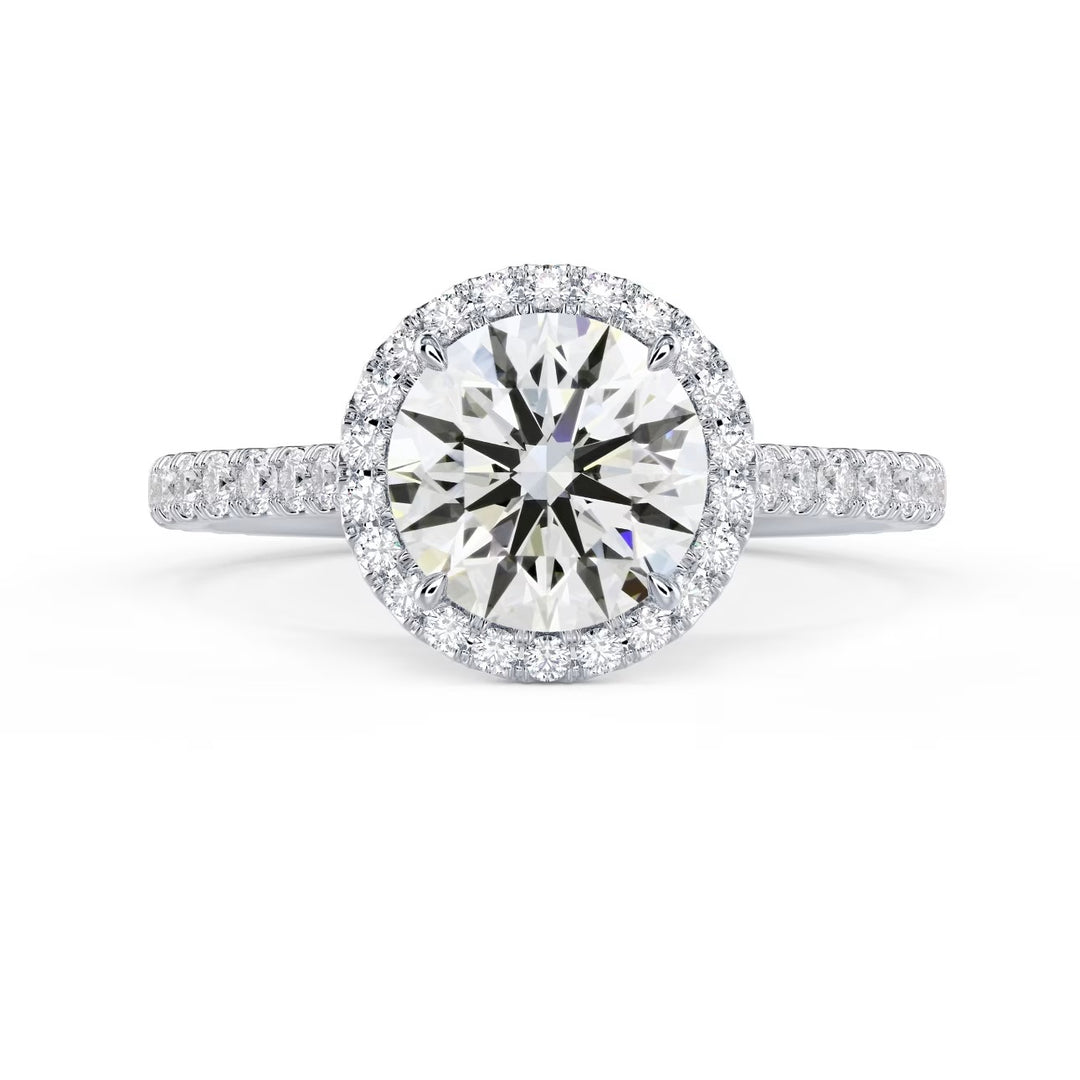 round cut lab grown diamond halo cathedral pave engagement ring 1.5 carat E VS2