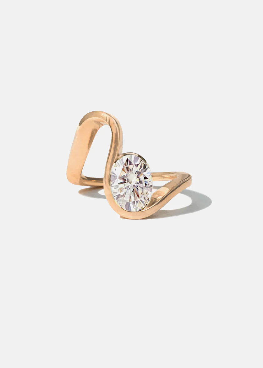 1.0CT Oval E/VS CVD Diamond Half Bezel Curved Engagement Ring With Wedding Band