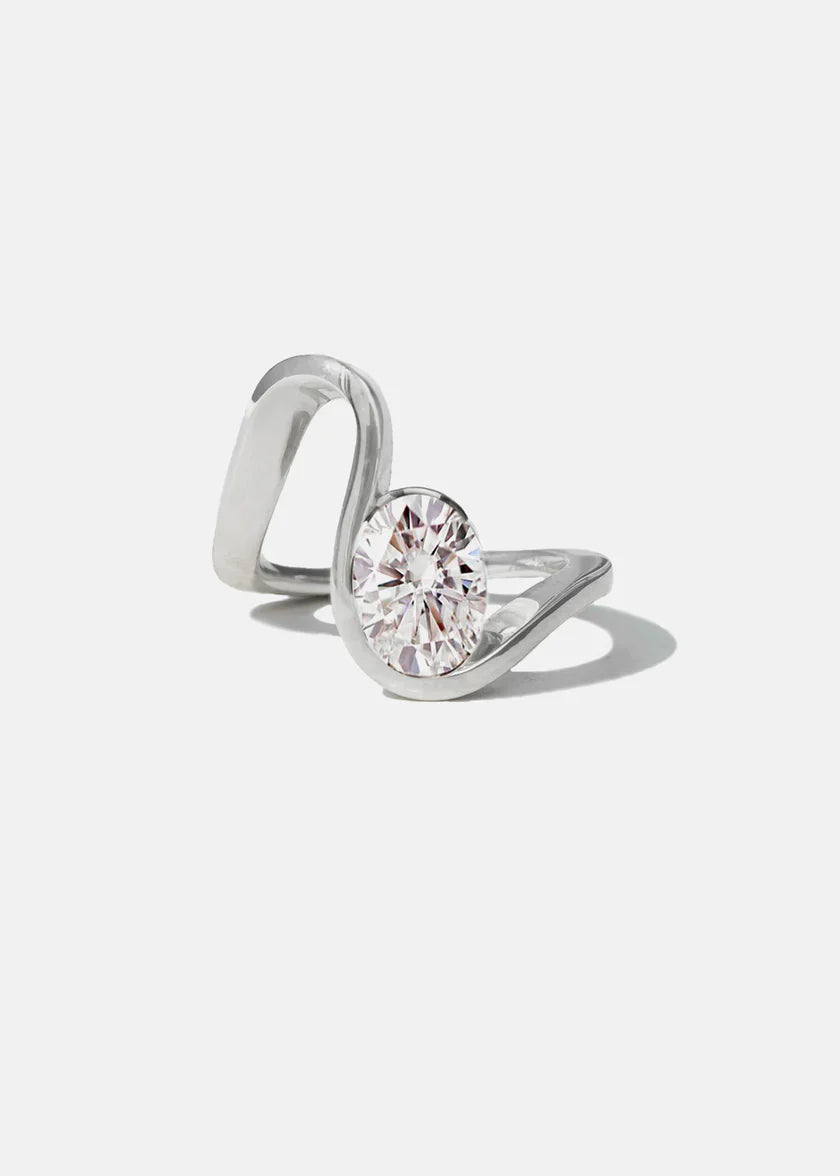 1.0CT Oval E/VS CVD Diamond Half Bezel Curved Engagement Ring With Wedding Band