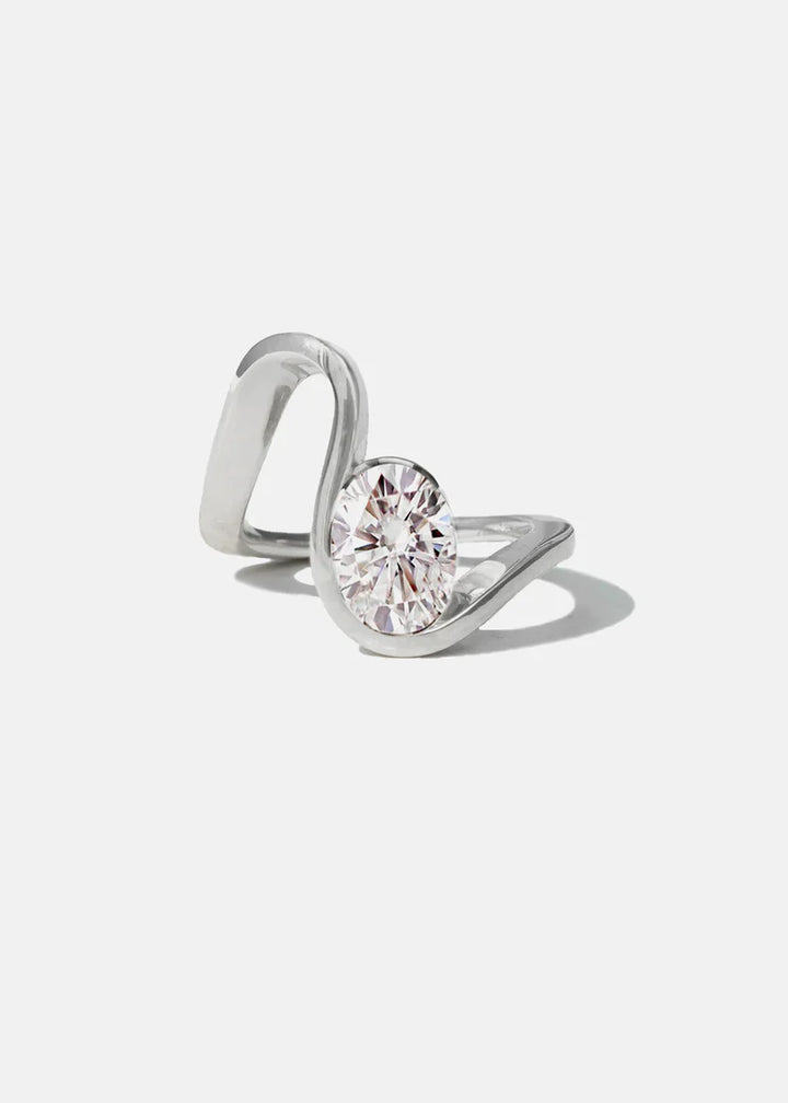 1.0CT Oval E/VS CVD Diamond Half Bezel Curved Engagement Ring With Wedding Band
