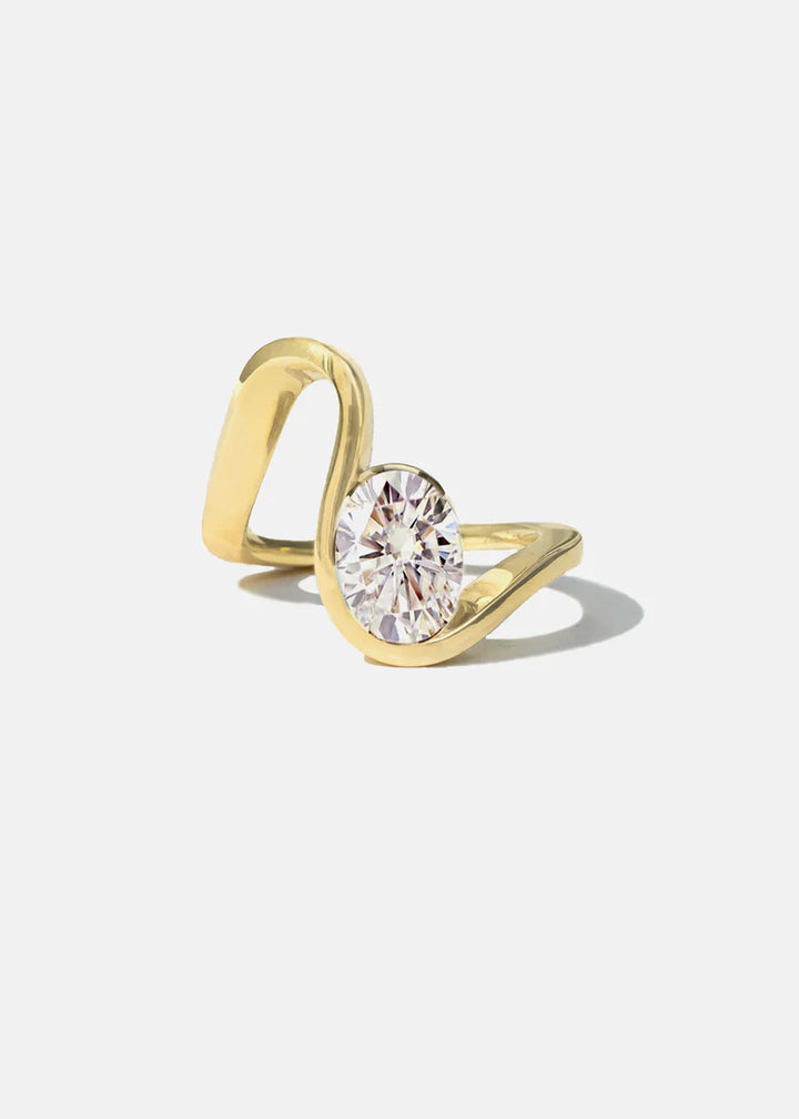 1.0CT Oval E/VS CVD Diamond Half Bezel Curved Engagement Ring With Wedding Band