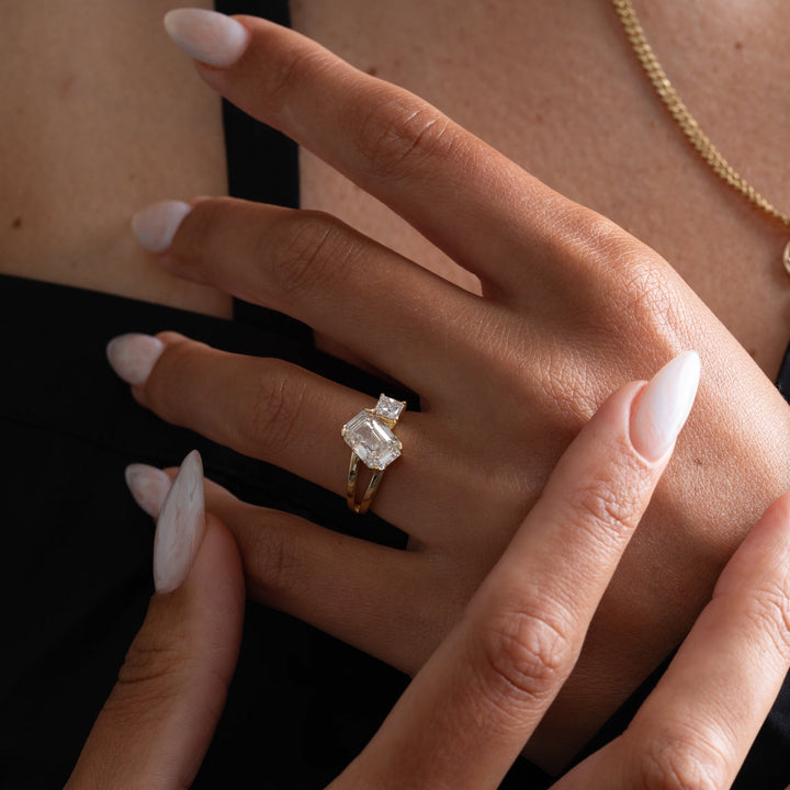 2.40CT Emerald & Princess Cut Lab Grown Diamond Toi Et Moi Engagement Ring